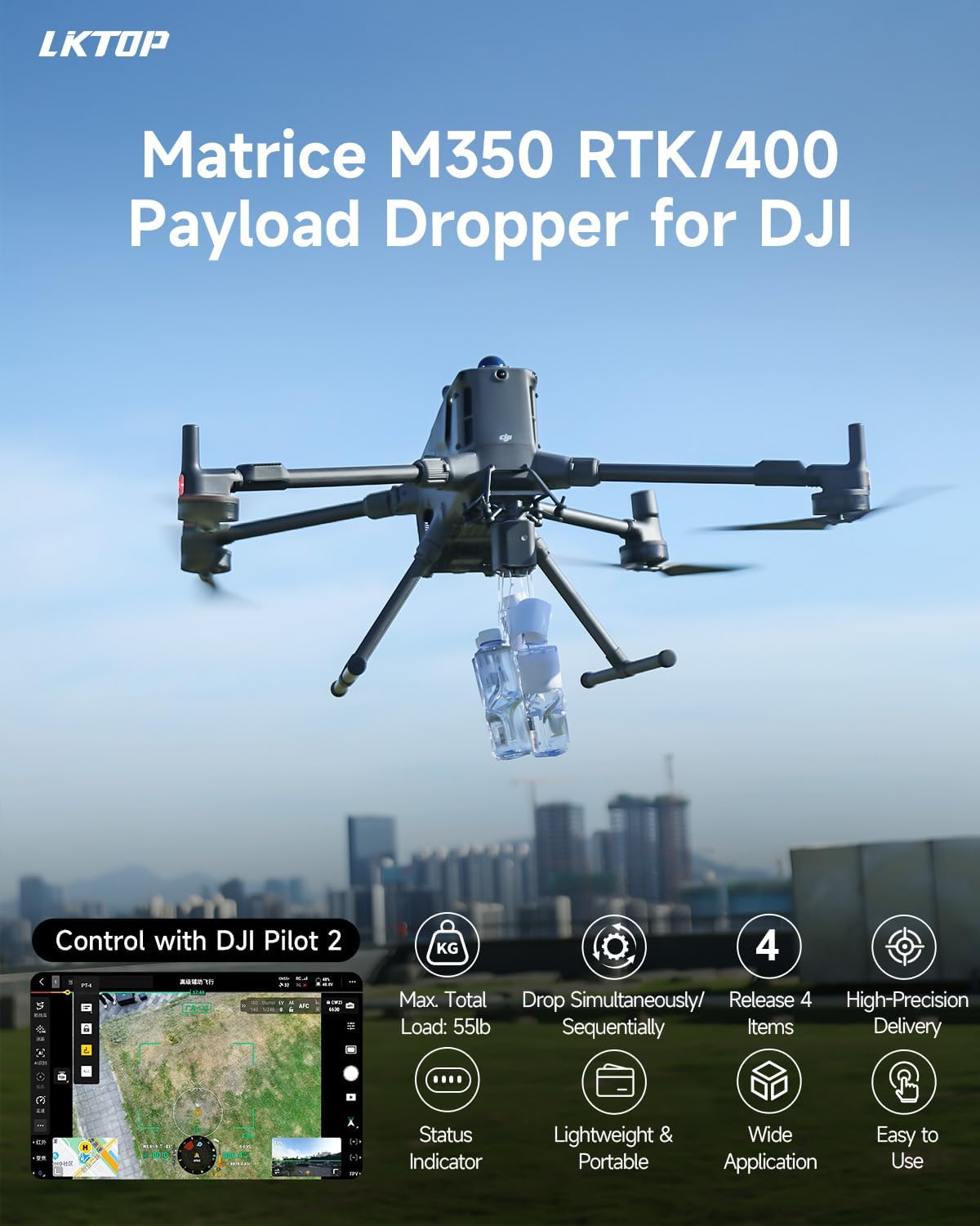 LKTOP Payload Drop System for DJI Matrice M350/M400 – 4-Stage Airdrop Device for Delivery, Rescue & Fishing (Max Load 55lb)
