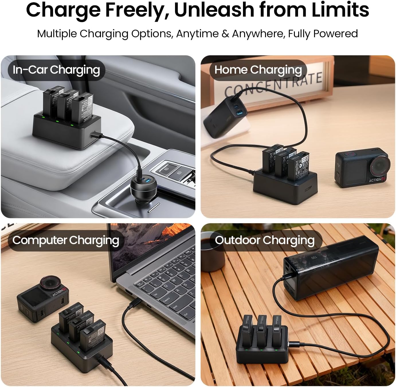 LKTOP Action Series Parallel Charging Hub for DJl Osmo 360/Osmo Action 6/5 Pro/4/3 Series Batteries