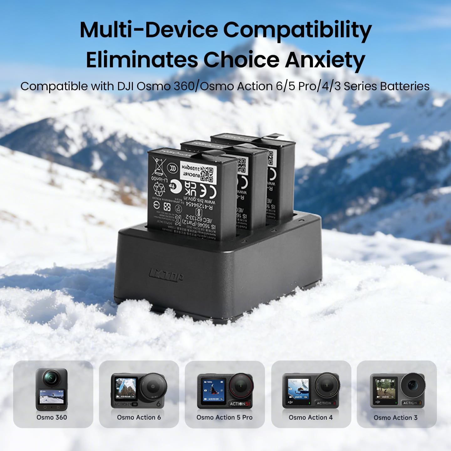 LKTOP Action Series Parallel Charging Hub for DJl Osmo 360/Osmo Action 6/5 Pro/4/3 Series Batteries
