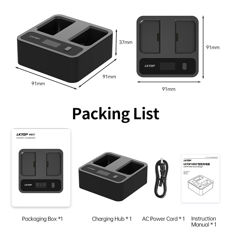 LKTOP Replacement DJI WB37 Battery Charging Hub 72W USB-C Fast Charger Power Adapter for DJI WB37 Intelligent Battery, with Fast Charging/Discharging/Comfort Mode (Parallel Charge 2 Batteries: 80 min)