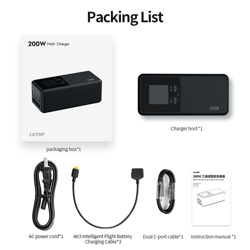 LKTOP 200W Air 3 Series Battery Charging Hub for DJI Air 3/Air 3S Drone Accessories, with Storage/Silent/Output Mode, LCD Display Screen (Parallel Charge 3 Batteries: 1hr 10min)