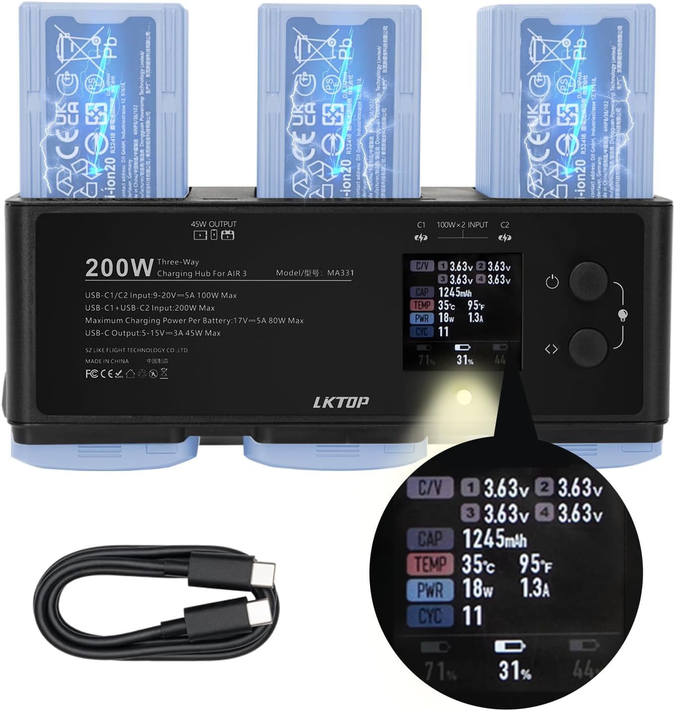 LKTOP 200W Air 3 Series Battey Charging Hub for DJI/Specta Air 3 Series Drone, with Gather Average Electricity/Fast Charging/Storage/LED/Alarm Mode, LED Display Screen