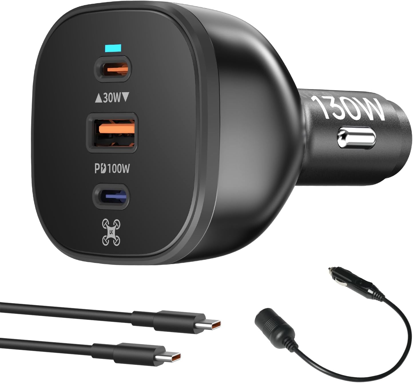 LKTOP 130W Drone Car Charger for DJI, 3-Port USB-C/USB-A Fast Charger, Battrey Power Adapter for DJI Mini/Air/Mavic 4 Pro/Mavic 3/Avata/Flip/Neo Series Drone, Charging Hub, Controller Accessories