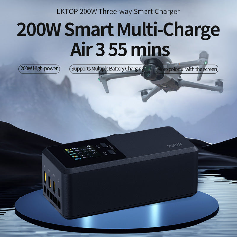LKTOP 200W Air 3 Series Battery Charging Hub for DJI Air 3/Air 3S Drone Accessories, with Storage/Silent/Output Mode, LCD Display Screen (Parallel Charge 3 Batteries: 1hr 10min)