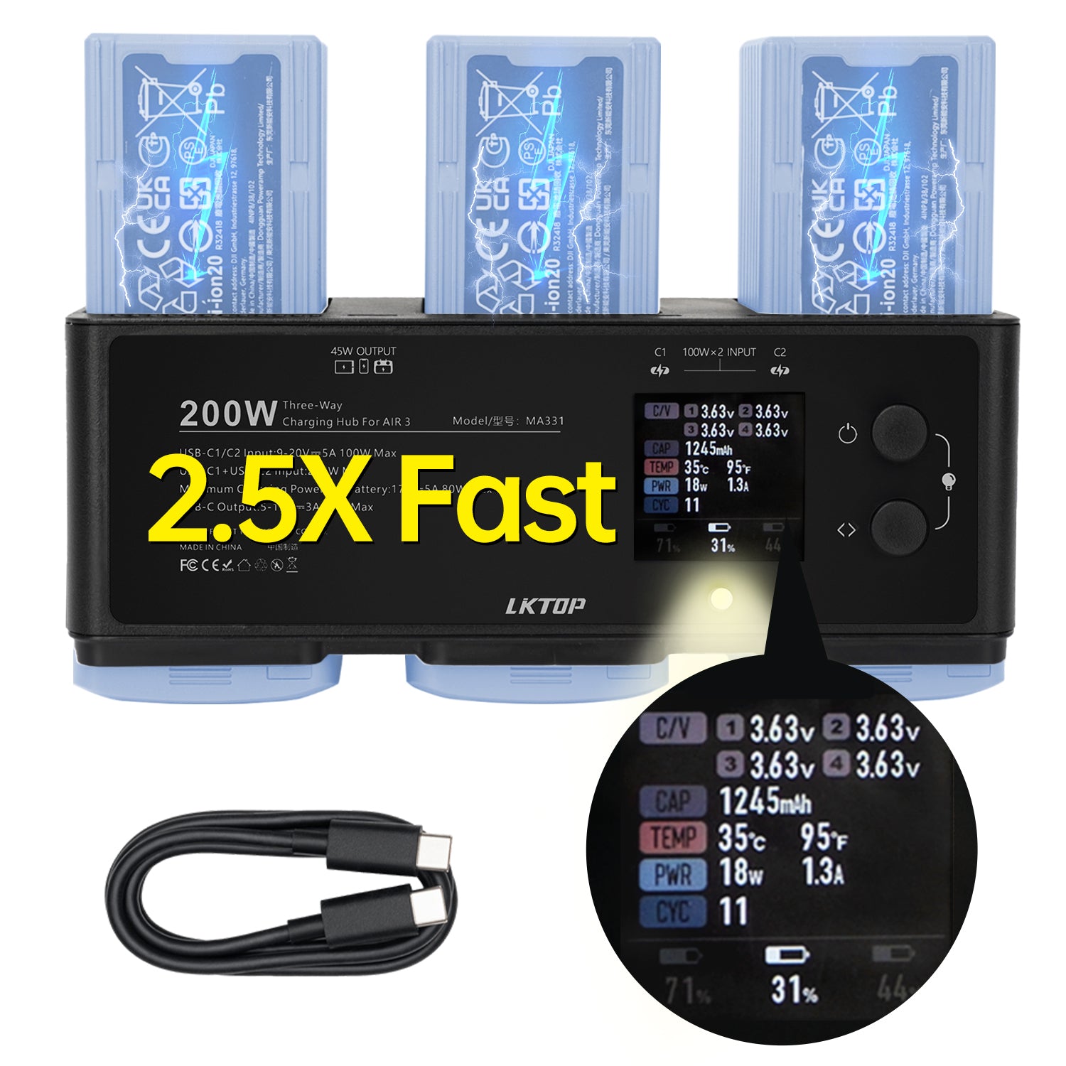 LKTOP 200W Air 3/Air 3S Parallel Charging Hub for DJI/Specta Air3 Series Drone