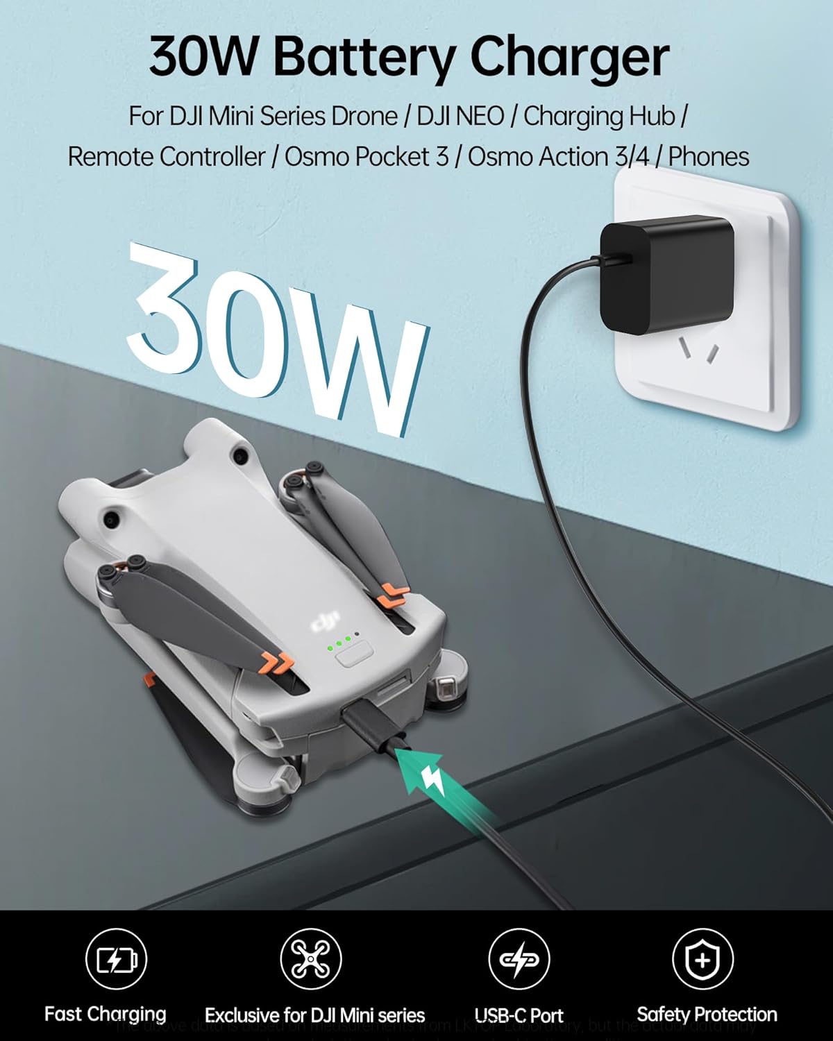 LKTOP 30W Osmo Pocket 3 Charger, USB-C Fast Charger for DJI Neo/Avata/Mini Series Drone, Osmo Pocket Action Series Camera, Mic Mini Charging Case, HOVERAir X1 Drone, Mini 4/3/2/4K Series Charging Hub