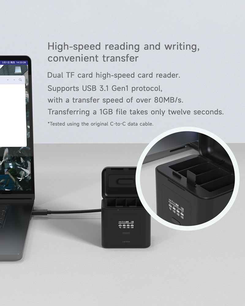 LKTOP Osmo Action Multifunctional Battery Charging Case for DJI Action 3/4/5 Pro, GoPro Hero 5/6/7/8/9/10/11/12 Accessories, 7000mAh Portable Charger for Four Battery, Dual USB-C Fast Charging Hub, SD Card Reader Function