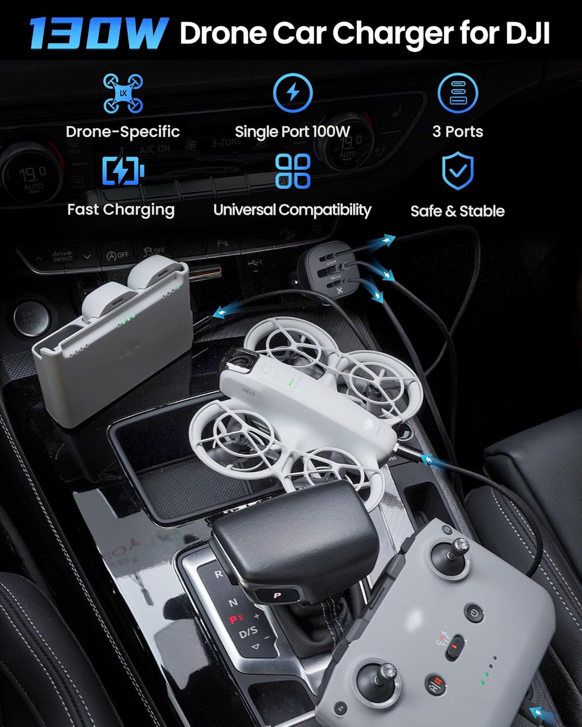 LKTOP 130W Drone Car Charger for DJI, 3-Port USB-C/USB-A Fast Charger, Battrey Power Adapter for DJI Mini/Air/Mavic 4 Pro/Mavic 3/Avata/Flip/Neo Series Drone, Charging Hub, Controller Accessories