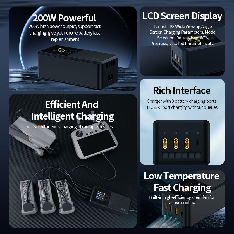 LKTOP 200W Air 3 Series Battery Charging Hub for DJI Air 3/Air 3S Drone Accessories, with Storage/Silent/Output Mode, LCD Display Screen (Parallel Charge 3 Batteries: 1hr 10min)