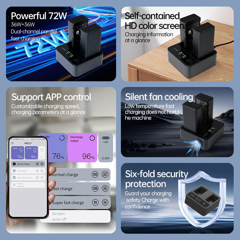 LKTOP Replacement DJI WB37 Battery Charging Hub 72W USB-C Fast Charger Power Adapter for DJI WB37 Intelligent Battery, with Fast Charging/Discharging/Comfort Mode (Parallel Charge 2 Batteries: 80 min)