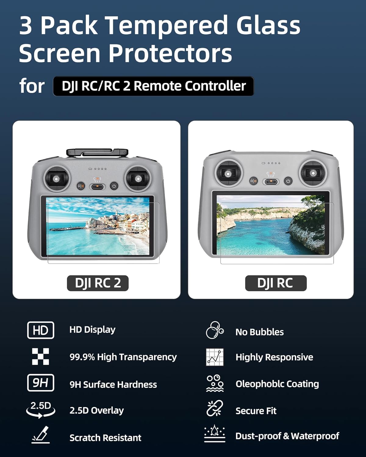 LKTOP 3 Pack Screen Protector for DJI RC/RC 2 Remote Controller, Mini 4 Tempered Glass Anti-Glare Film for DJI Mini 4 Pro, Mavic 3 Series, Air 3, Air 2S Drone