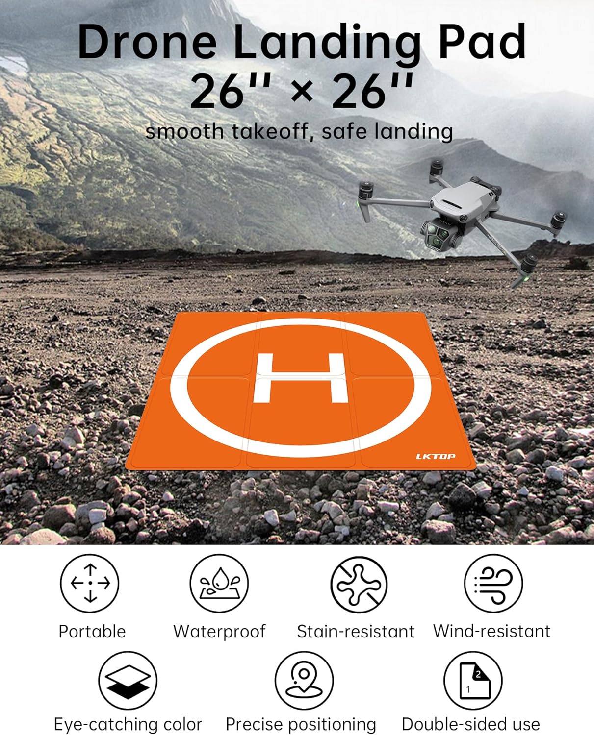 LKTOP Weighted Foldable Drone Landing Pad for DJI/Specta, Double-Sided Waterproof Helipad Large Landing Mat, Compatibility: DJI/Specta Mavic/Air/Mini/Neo/Flip/Avata/FPV Series Accessories (26 inch/65 cm)