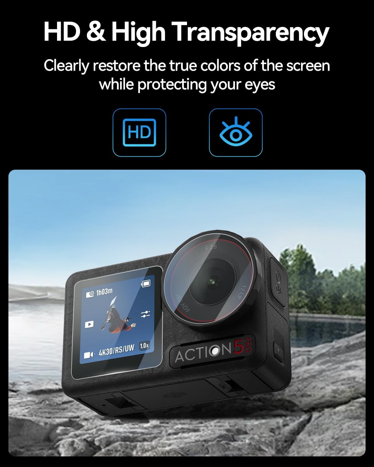 LKTOP 3 Pack DJI Osmo Action 5 Pro Screen Protector, Tempered Glass Front+Back+Lens Film LCD Display Cover for Action5 Pro Accessories, Ultra HD 9H Hardness, Anti Scratch Bubble, with Installation Kit