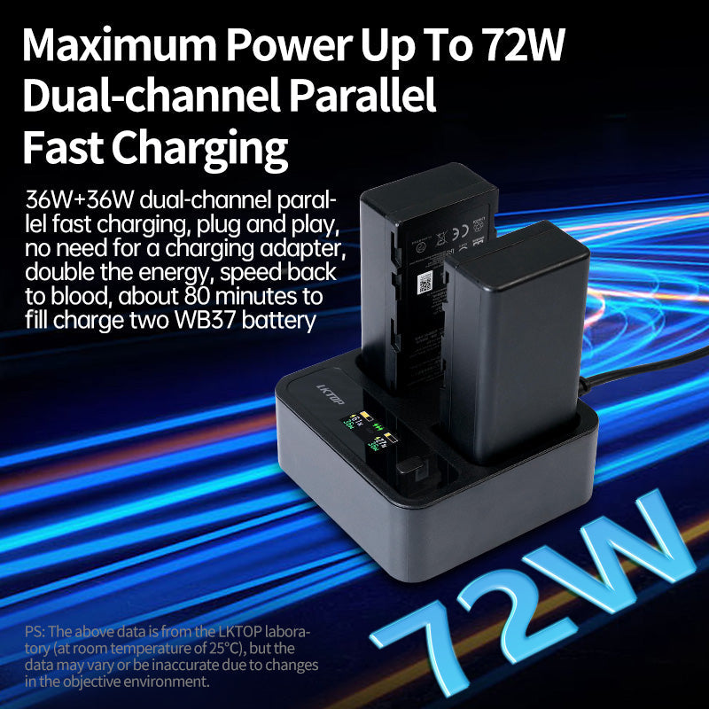 LKTOP Replacement DJI WB37 Battery Charging Hub 72W USB-C Fast Charger Power Adapter for DJI WB37 Intelligent Battery, with Fast Charging/Discharging/Comfort Mode (Parallel Charge 2 Batteries: 80 min)