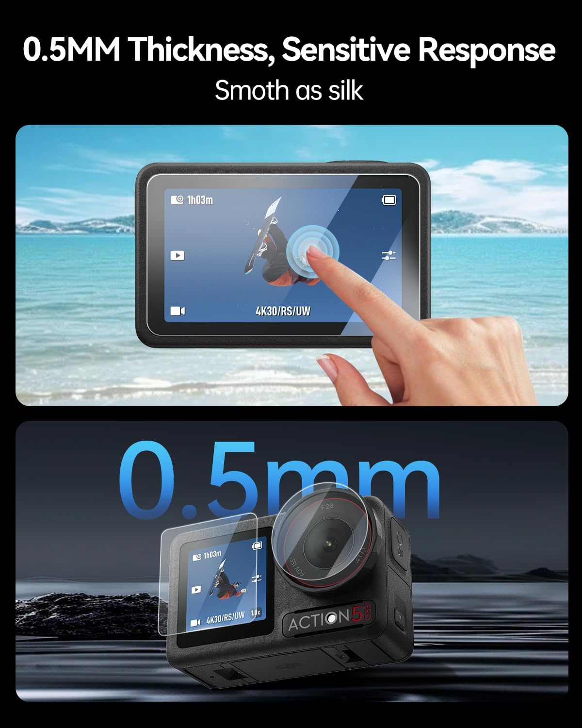 LKTOP 3 Pack DJI Osmo Action 5 Pro Screen Protector, Tempered Glass Front+Back+Lens Film LCD Display Cover for Action5 Pro Accessories, Ultra HD 9H Hardness, Anti Scratch Bubble, with Installation Kit