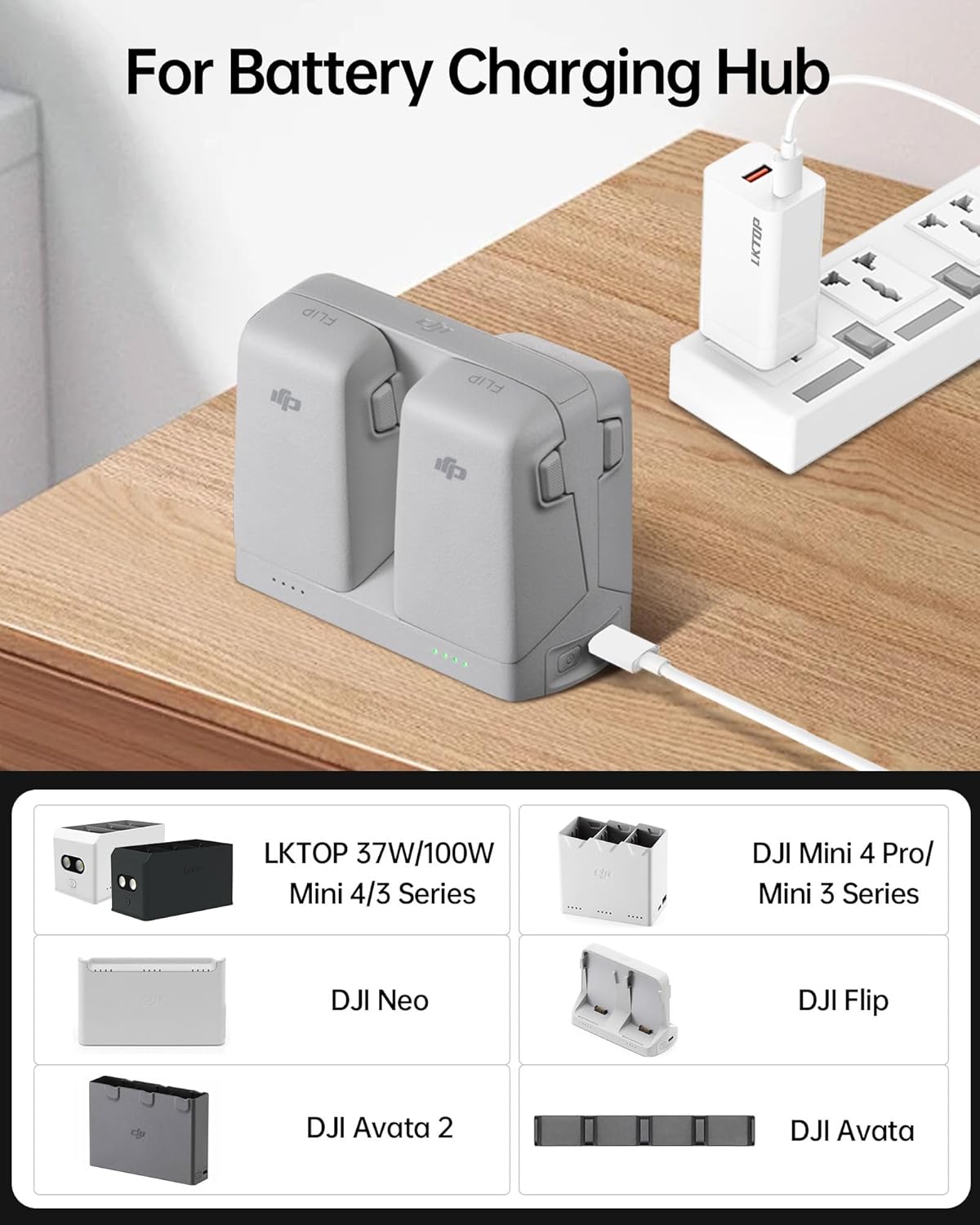 LKTOP 65W Portable Battery Charger for DJI/Specta Flip/Mini Series/Air 3/Air 3S/Mavic 3 Series/Avata 2/Mini 4K/Neo Drone, Controller, Osmo Pocket/2/3, Action 3/4/5 Pro, Goggles 2 (with C to C Cable)