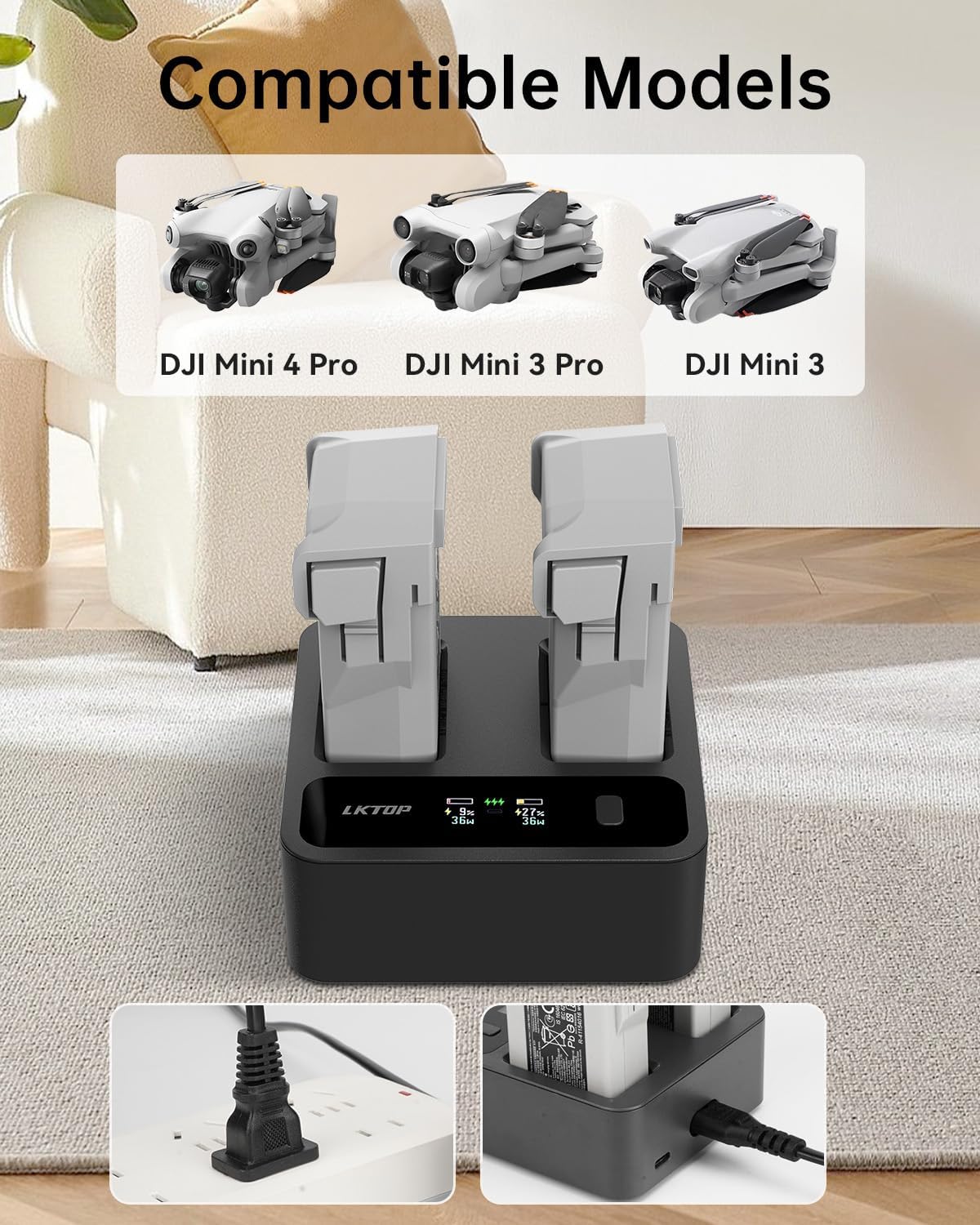 LKTOP 72W Mini 4 Pro/Mini 3 Series Two-Way Charging Hub, Battery Charger with Fast Charging/Discharging/Comfort Mode, LED Display Screen (3X Fast, Parallel Charge 2 Batteries: 30 min)