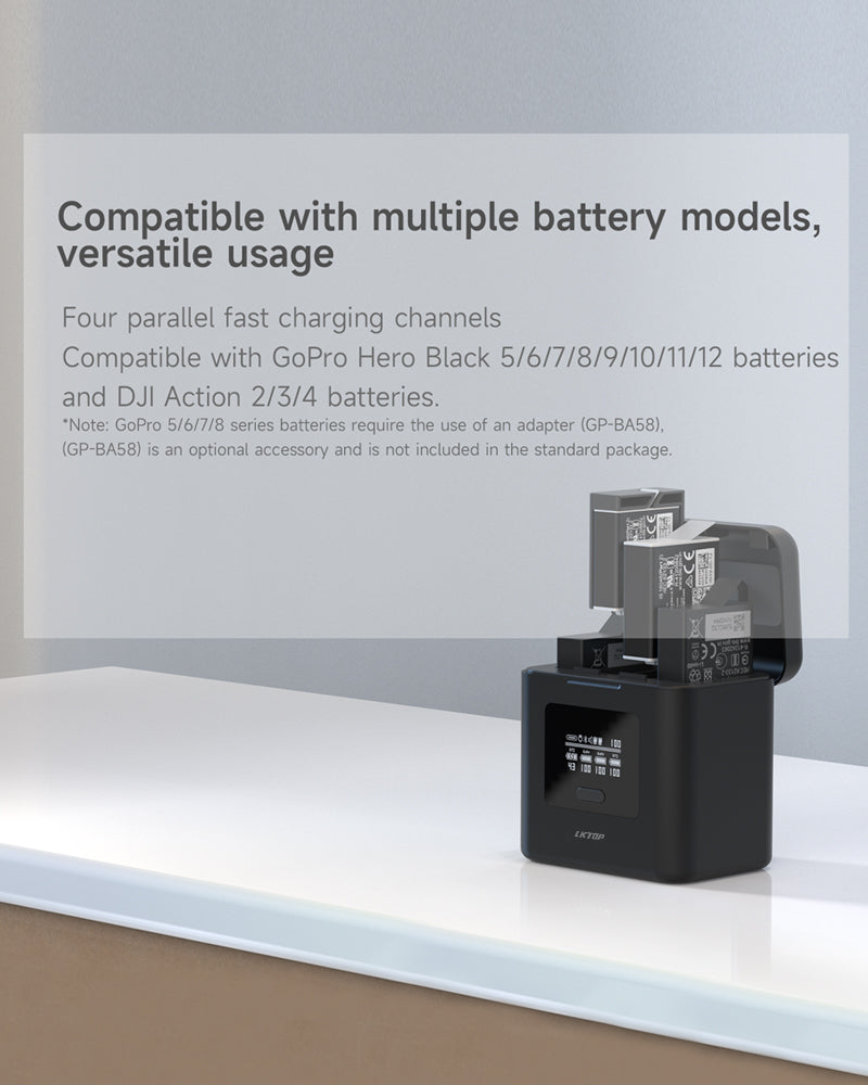 LKTOP Osmo Action Multifunctional Battery Charging Case for DJI Action 3/4/5 Pro, GoPro Hero 5/6/7/8/9/10/11/12 Accessories, 7000mAh Portable Charger for Four Battery, Dual USB-C Fast Charging Hub, SD Card Reader Function