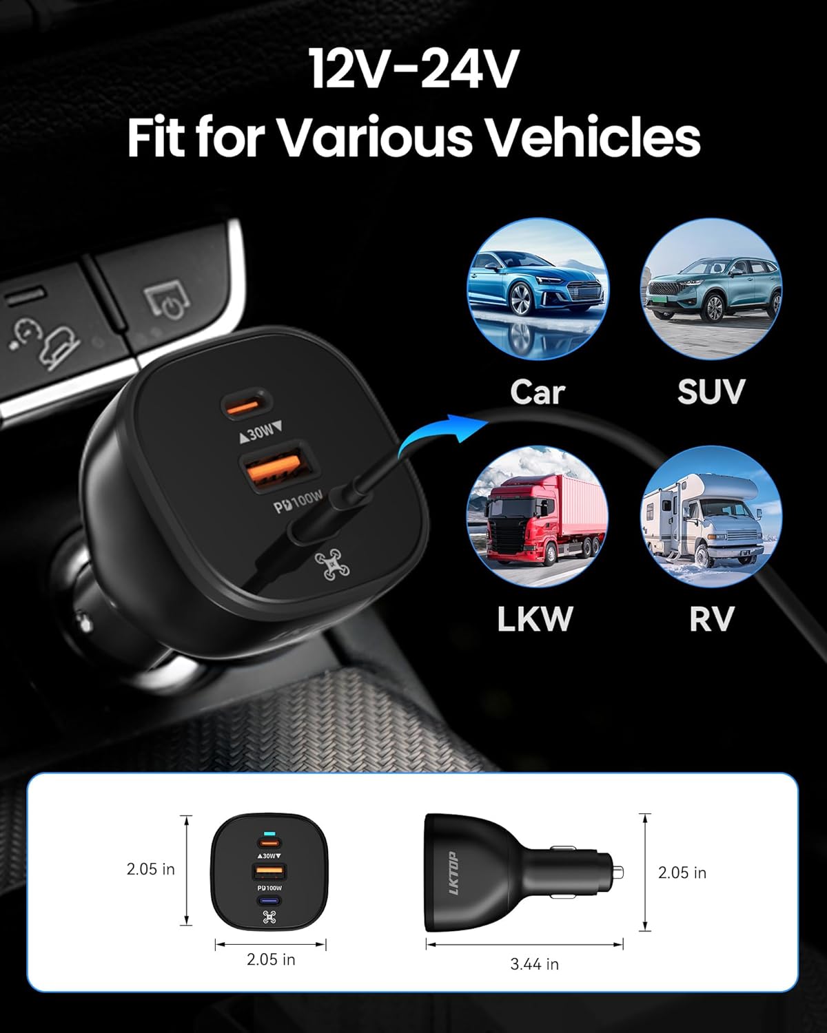 LKTOP 130W Drone Car Charger for DJI, 3-Port USB-C/USB-A Fast Charger, Battrey Power Adapter for DJI Mini/Air/Mavic 4 Pro/Mavic 3/Avata/Flip/Neo Series Drone, Charging Hub, Controller Accessories