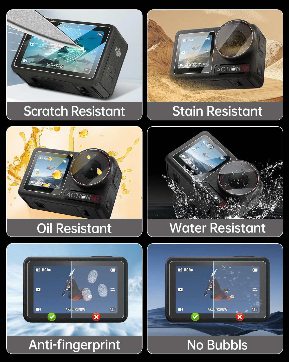 LKTOP 3 Pack DJI Osmo Action 5 Pro Screen Protector, Tempered Glass Front+Back+Lens Film LCD Display Cover for Action5 Pro Accessories, Ultra HD 9H Hardness, Anti Scratch Bubble, with Installation Kit