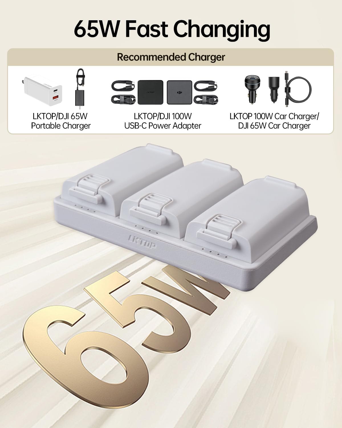 LKTOP 65W Neo Two-Way Charging Hub , Fast Battery Charger for DJI Neo Drone Accessories, with Storage/Output Mode, C to C Cable (Parallel Charge 3 Batteries: 45 min)
