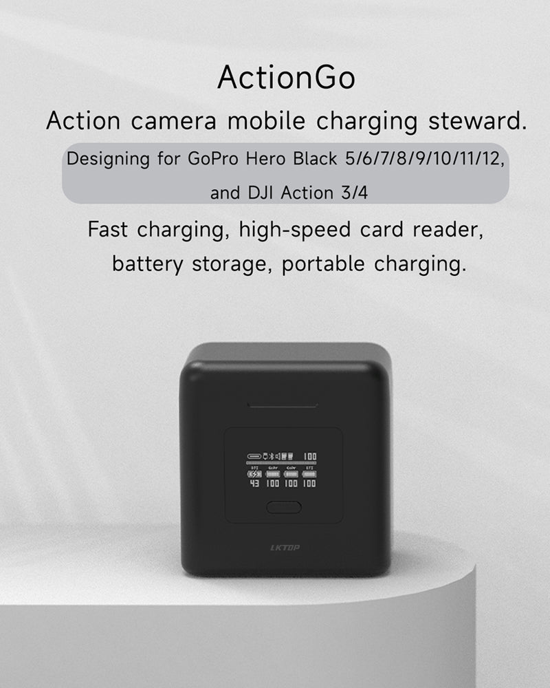 LKTOP Osmo Action Multifunctional Battery Charging Case for DJI Action 3/4/5 Pro, GoPro Hero 5/6/7/8/9/10/11/12 Accessories, 7000mAh Portable Charger for Four Battery, Dual USB-C Fast Charging Hub, SD Card Reader Function