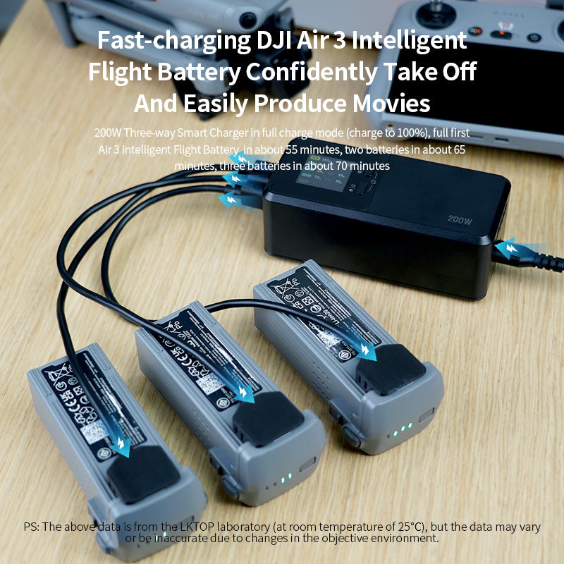 LKTOP 200W Air 3 Series Battery Charging Hub for DJI Air 3/Air 3S Drone Accessories, with Storage/Silent/Output Mode, LCD Display Screen (Parallel Charge 3 Batteries: 1hr 10min)