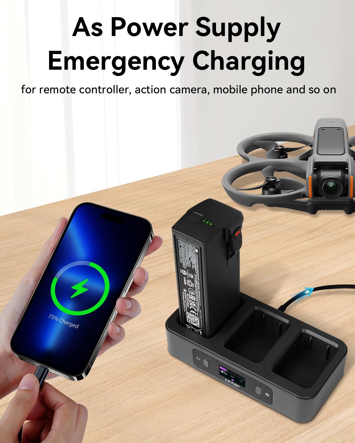 LKTOP 100W Avata 2 Battery Charging Hub, Two-Way USB-C Fast Charger with LED Screen Display (2X Fast, Parallel Charge 3 Batteries: 1 hr 10min)