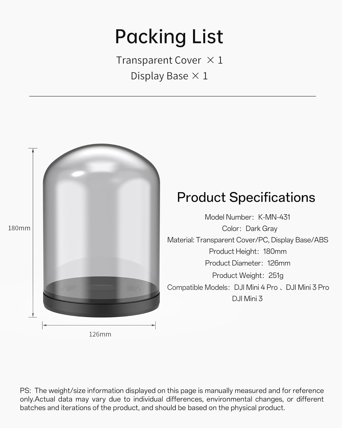 LKTOP Mini 4 Pro/Mini 3 Series Drone Display Stand (Gray), Glass Holder Base Dome Dustproof Cover for Storage/Collection/Gift/Home Decoration, No Charging Function