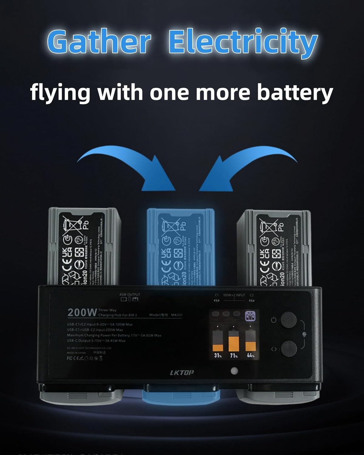 LKTOP 200W Air 3 Series Battey Charging Hub for DJI/Specta Air 3 Series Drone, with Gather Average Electricity/Fast Charging/Storage/LED/Alarm Mode, LED Display Screen