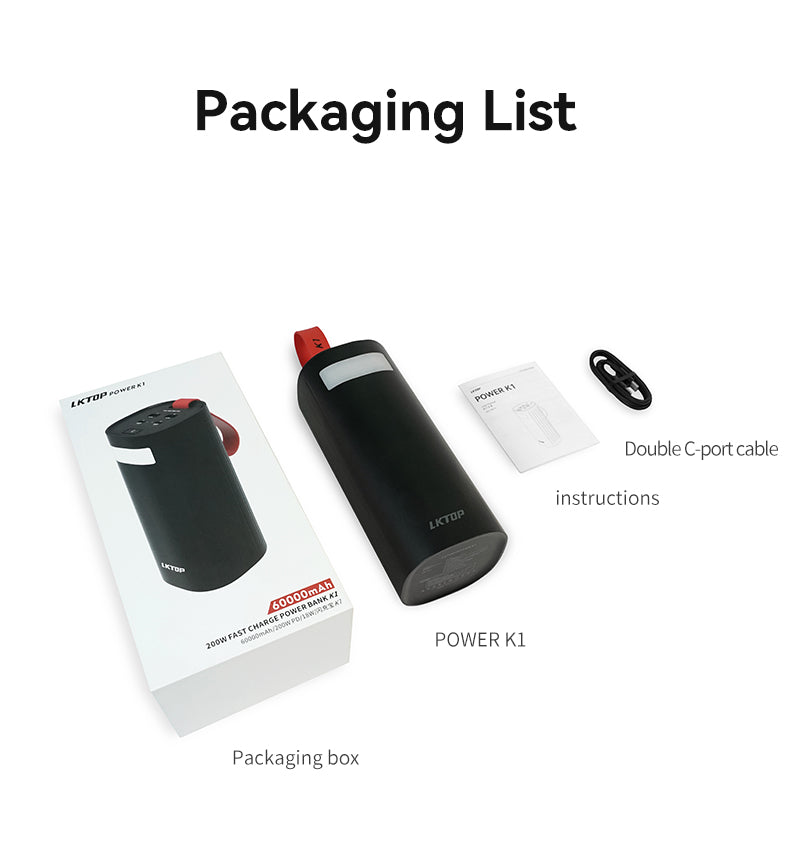 LKTOP K1 60000mAh Power Bank , 2 USB-A Ports and 2 USB-C Ports, Super Large Capacity,Supports Charging 4 Devices Simultaneously, With Side Fill Light