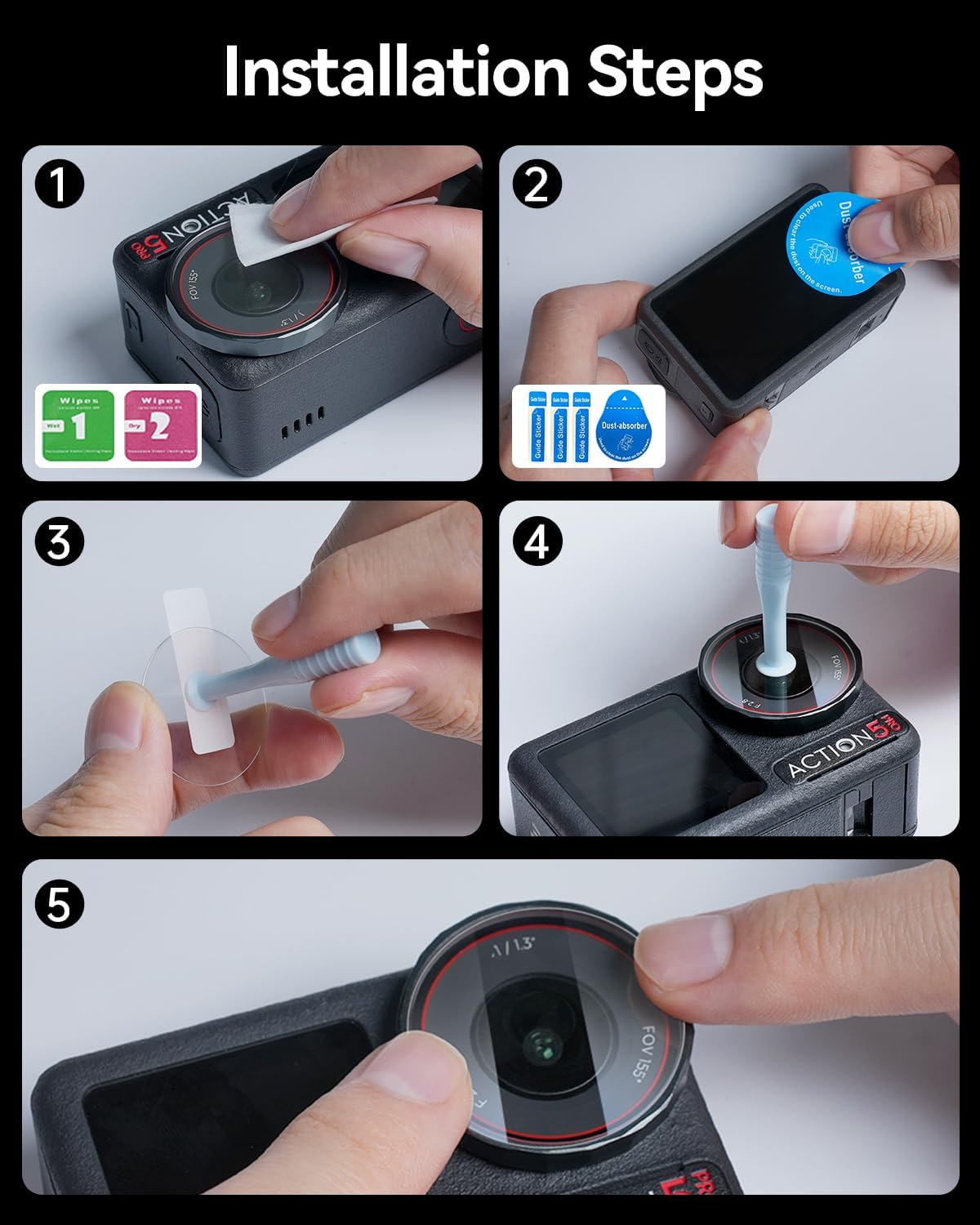 LKTOP 3 Pack DJI Osmo Action 5 Pro Screen Protector, Tempered Glass Front+Back+Lens Film LCD Display Cover for Action5 Pro Accessories, Ultra HD 9H Hardness, Anti Scratch Bubble, with Installation Kit