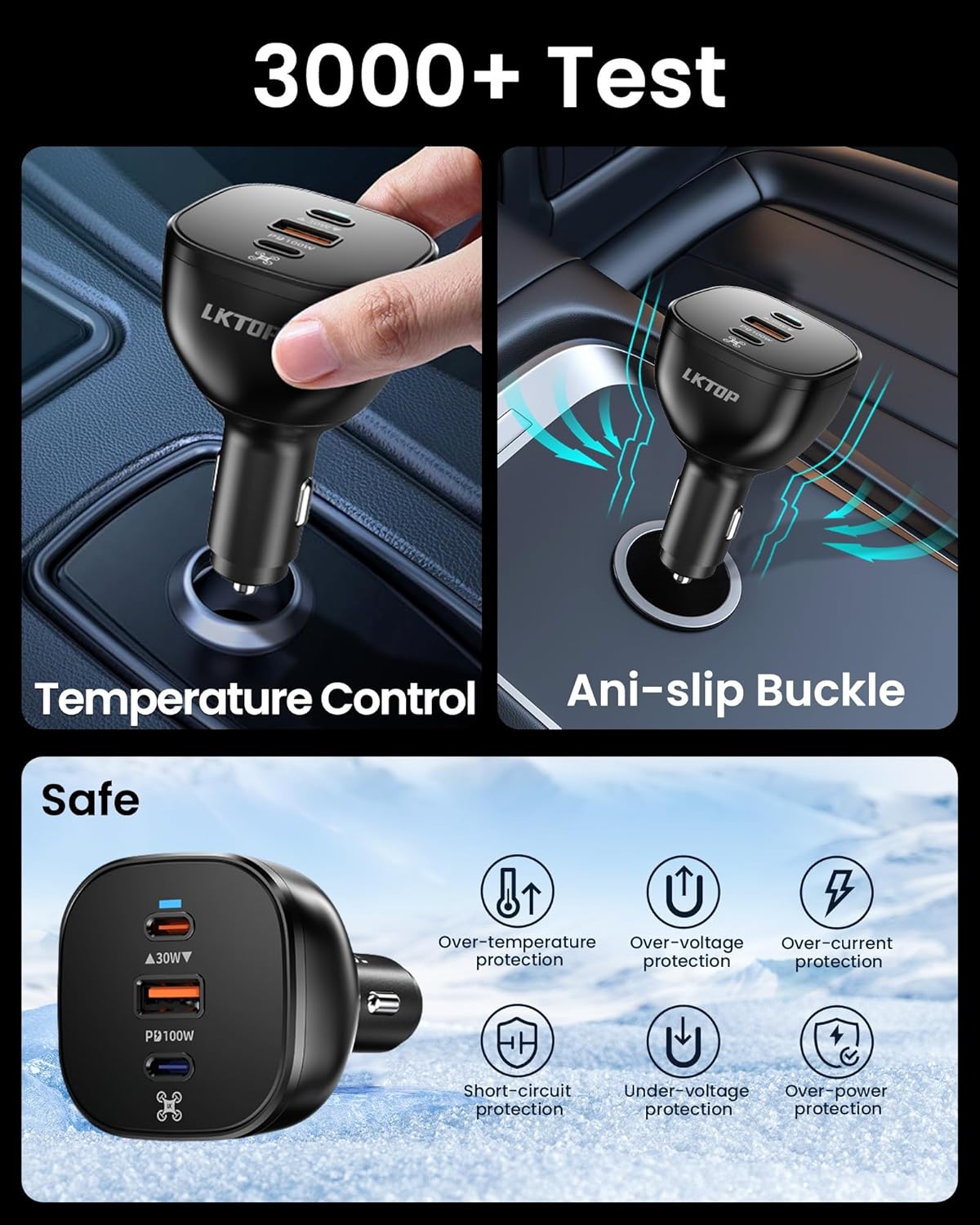 LKTOP 130W Drone Car Charger for DJI, 3-Port USB-C/USB-A Fast Charger, Battrey Power Adapter for DJI Mini/Air/Mavic 4 Pro/Mavic 3/Avata/Flip/Neo Series Drone, Charging Hub, Controller Accessories