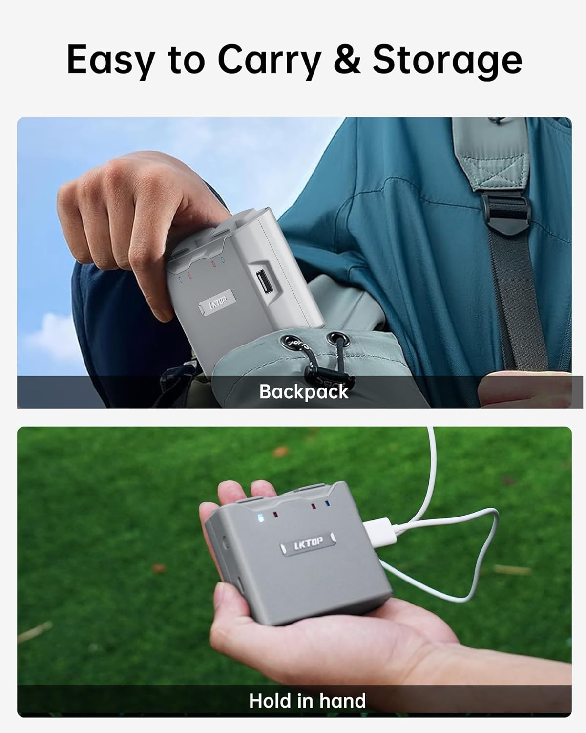 LKTOP Mini 4K/Mini 2 Series Battery Charging Hub, Parallel Charge Dual Batteries, with Discharging Mode (USB-A to USB-C Cable Included))