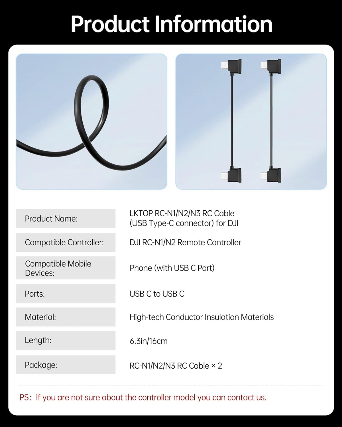 LKTOP 2 Pcs Dual USB-C RC Cable for DJI RC-N3/N2/N1 Remote Controller, USB Type-C Connector for DJI Mini 4/3/2 Series, Mini 4K, Air 3/Air 2S/Mavic Air 2, Mavic 3 Series, Neo