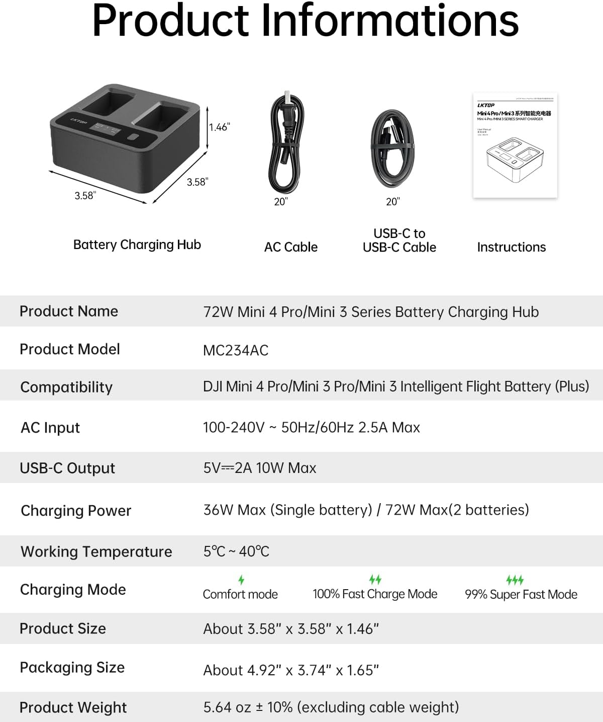 LKTOP 72W Mini 4 Pro/Mini 3 Series Two-Way Charging Hub, Battery Charger with Fast Charging/Discharging/Comfort Mode, LED Display Screen (3X Fast, Parallel Charge 2 Batteries: 30 min)