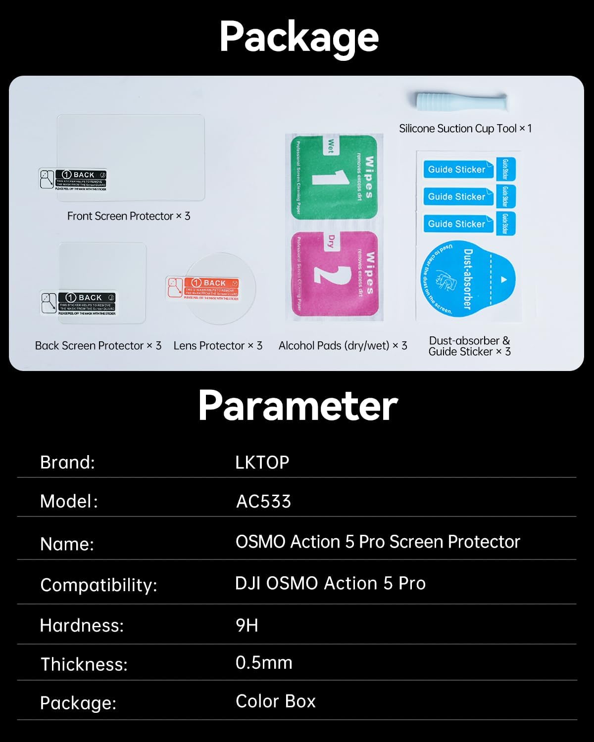 LKTOP 3 Pack DJI Osmo Action 5 Pro Screen Protector, Tempered Glass Front+Back+Lens Film LCD Display Cover for Action5 Pro Accessories, Ultra HD 9H Hardness, Anti Scratch Bubble, with Installation Kit