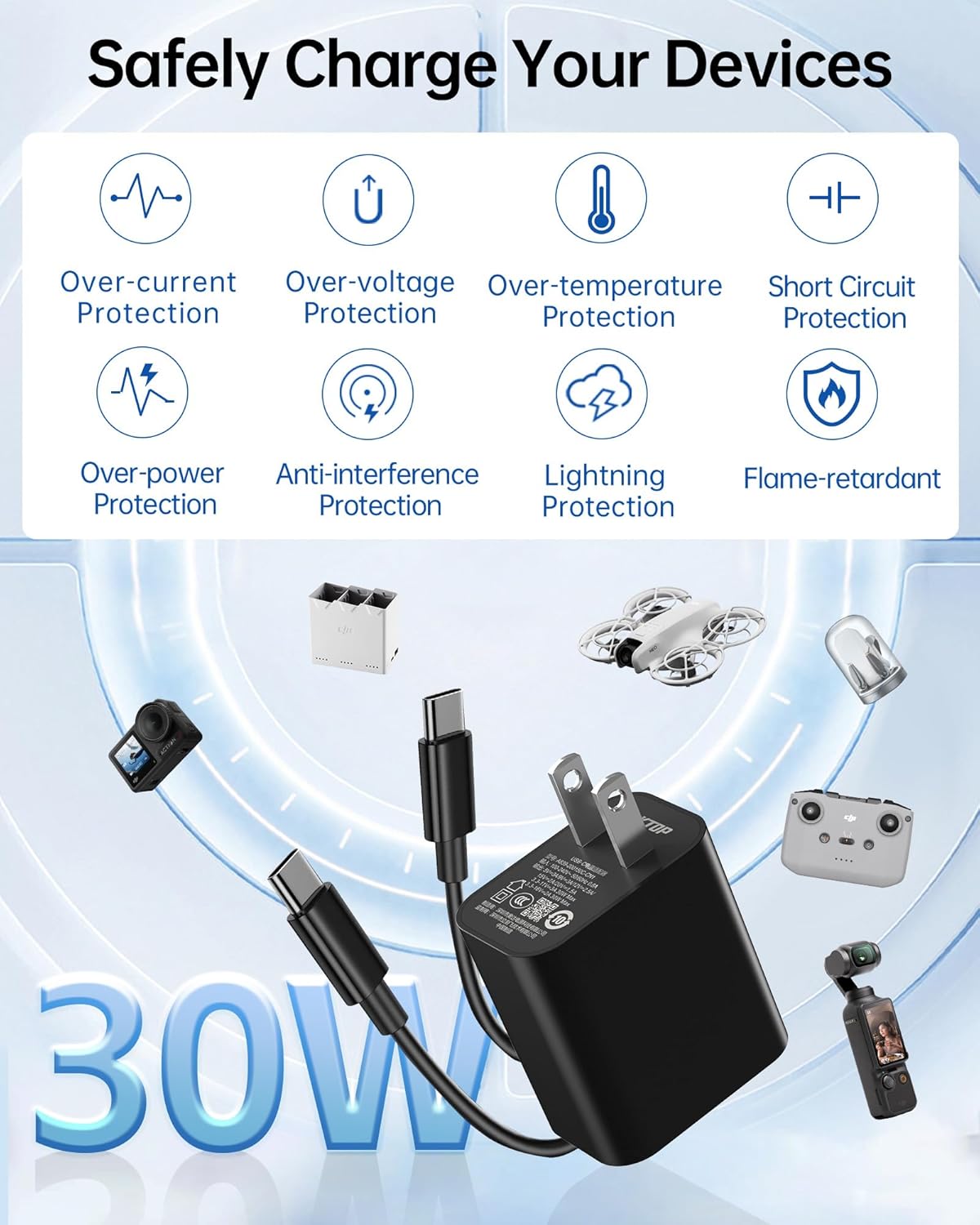 LKTOP 30W Osmo Pocket 3 Charger, USB-C Fast Charger for DJI Neo/Avata/Mini Series Drone, Osmo Pocket Action Series Camera, Mic Mini Charging Case, HOVERAir X1 Drone, Mini 4/3/2/4K Series Charging Hub