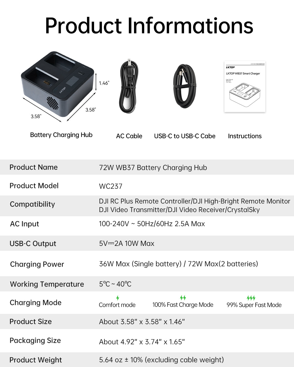 LKTOP Replacement DJI WB37 Battery Charging Hub