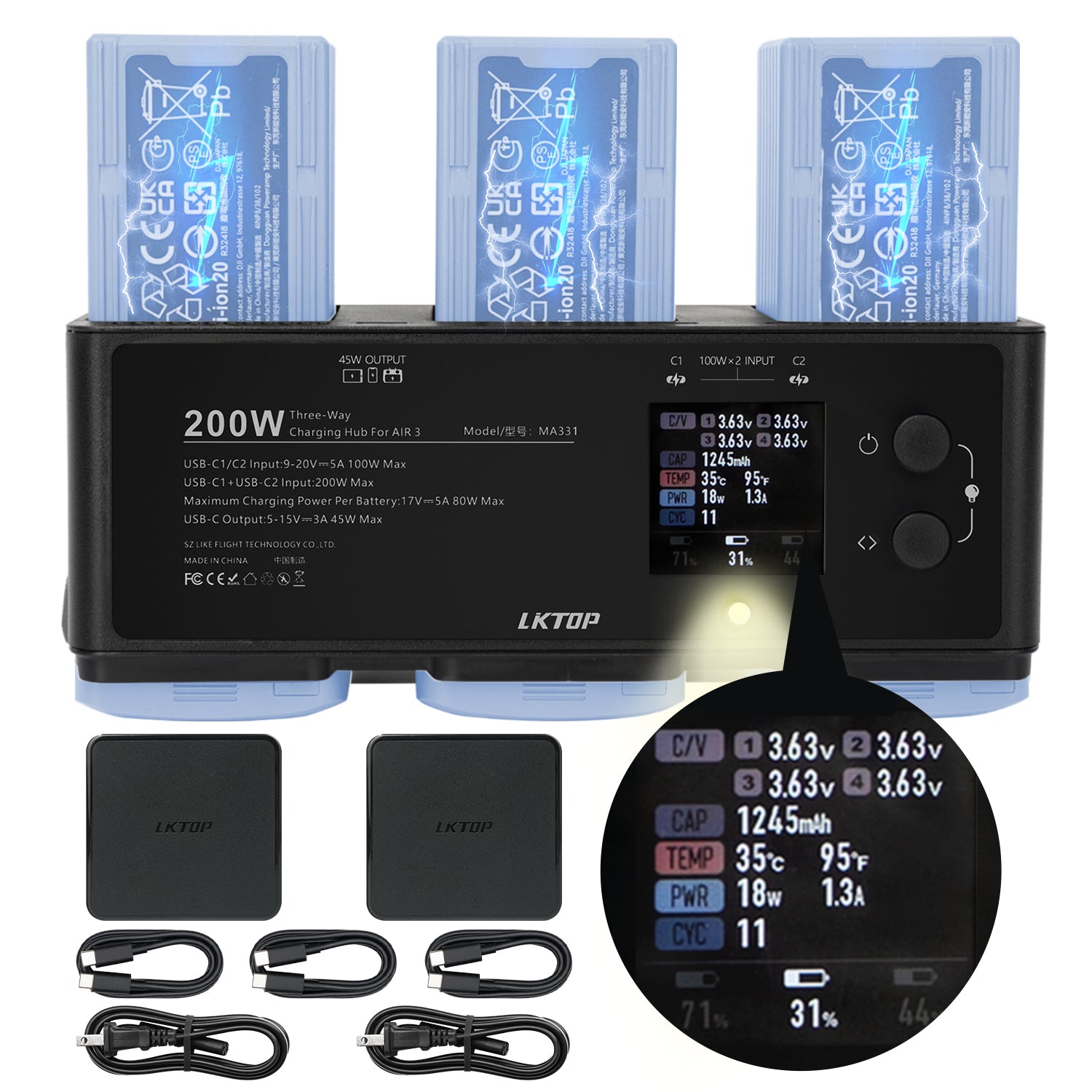 LKTOP 200W Air 3/Air 3S Parallel Charging Hub for DJI/Specta Air3 Series Drone