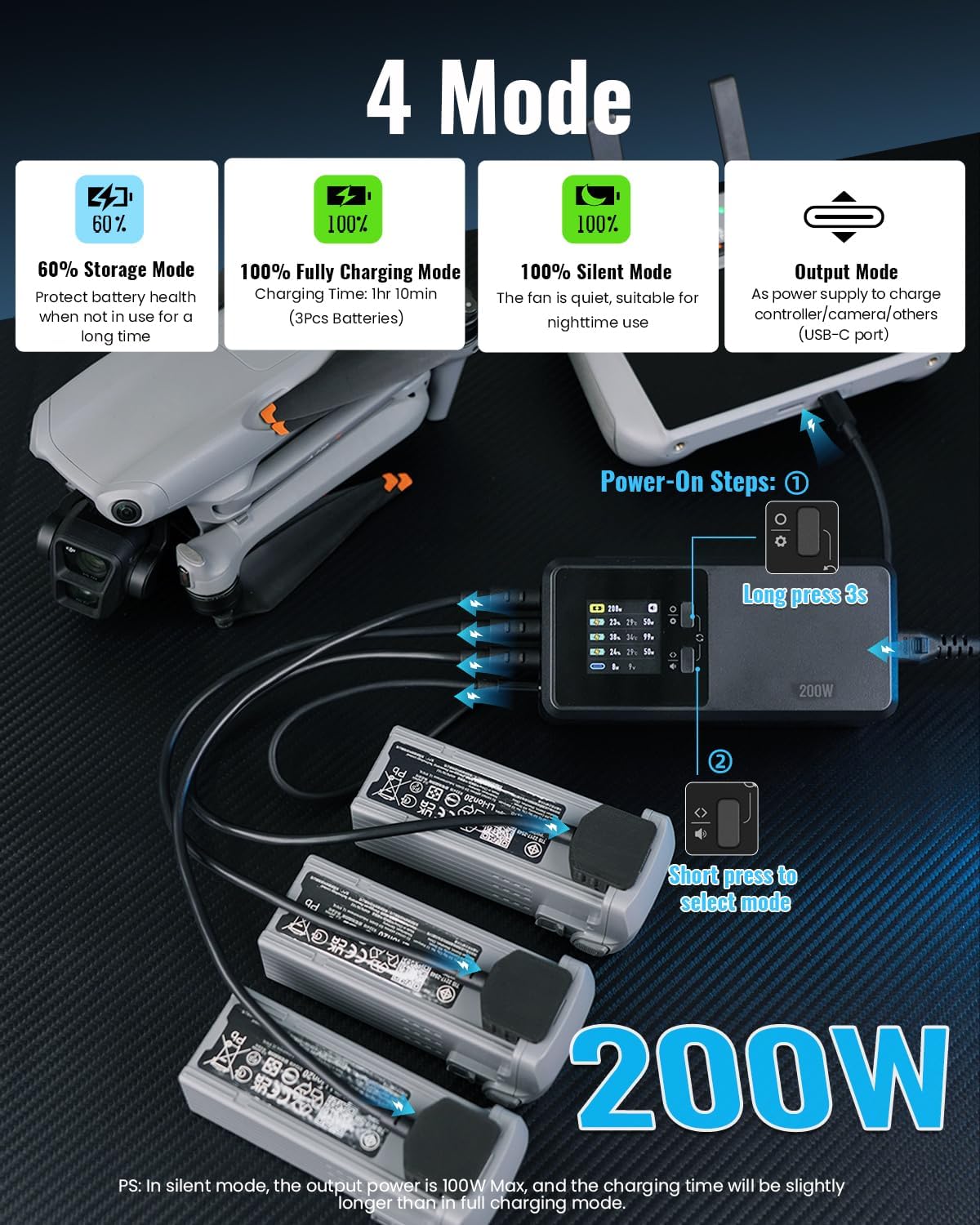 LKTOP 200W Smart Three-Way Charger for DJI Air 3 / Air 3S