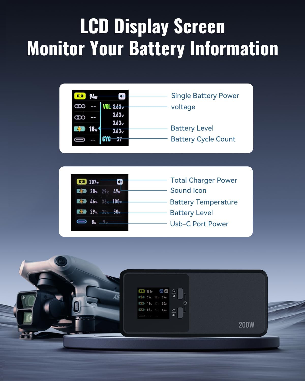 LKTOP 200W Smart Three-Way Charger for DJI Air 3 / Air 3S