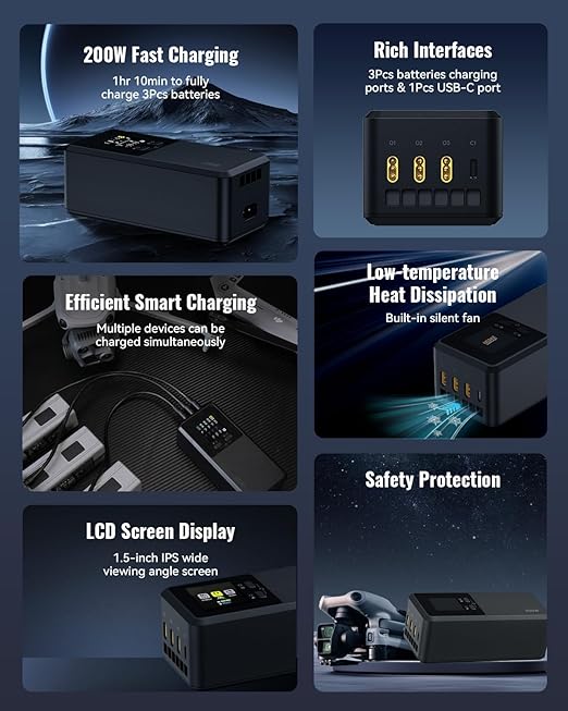 LKTOP 200W Smart Three-Way Charger for DJI Air 3 / Air 3S