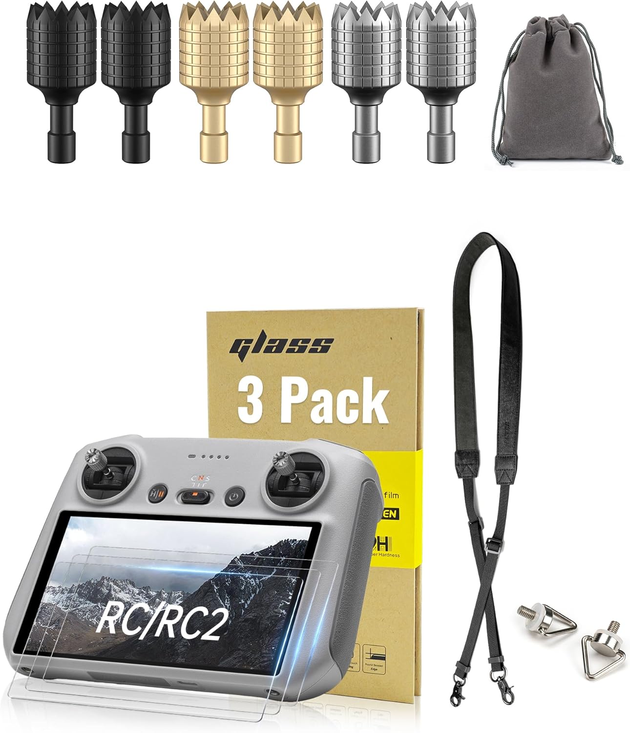 LKTOP 3 Pairs RC/RC2 Remote Controller Joysticks (Gray, Gold, Black), Mini 3/Mini 3 Pro/Mini 4 Pro/Air 3/Air 2S/Mavic 4 Pro/Mavic 3/Mavic 3 Pro/Mavic 3 Classic Remote Controller Sticks Rocker Replacement Accessories