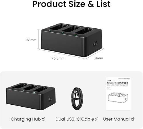 LKTOP Action Series Parallel Charging Hub for DJl Osmo 360/Osmo Action 6/5 Pro/4/3 Series Batteries