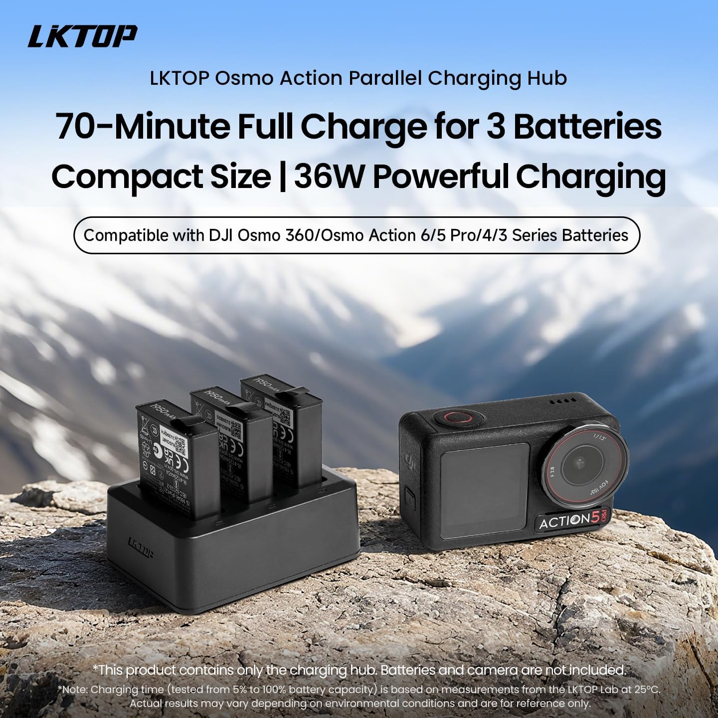 LKTOP Action Series Parallel Charging Hub for DJl Osmo 360/Osmo Action 6/5 Pro/4/3 Series Batteries