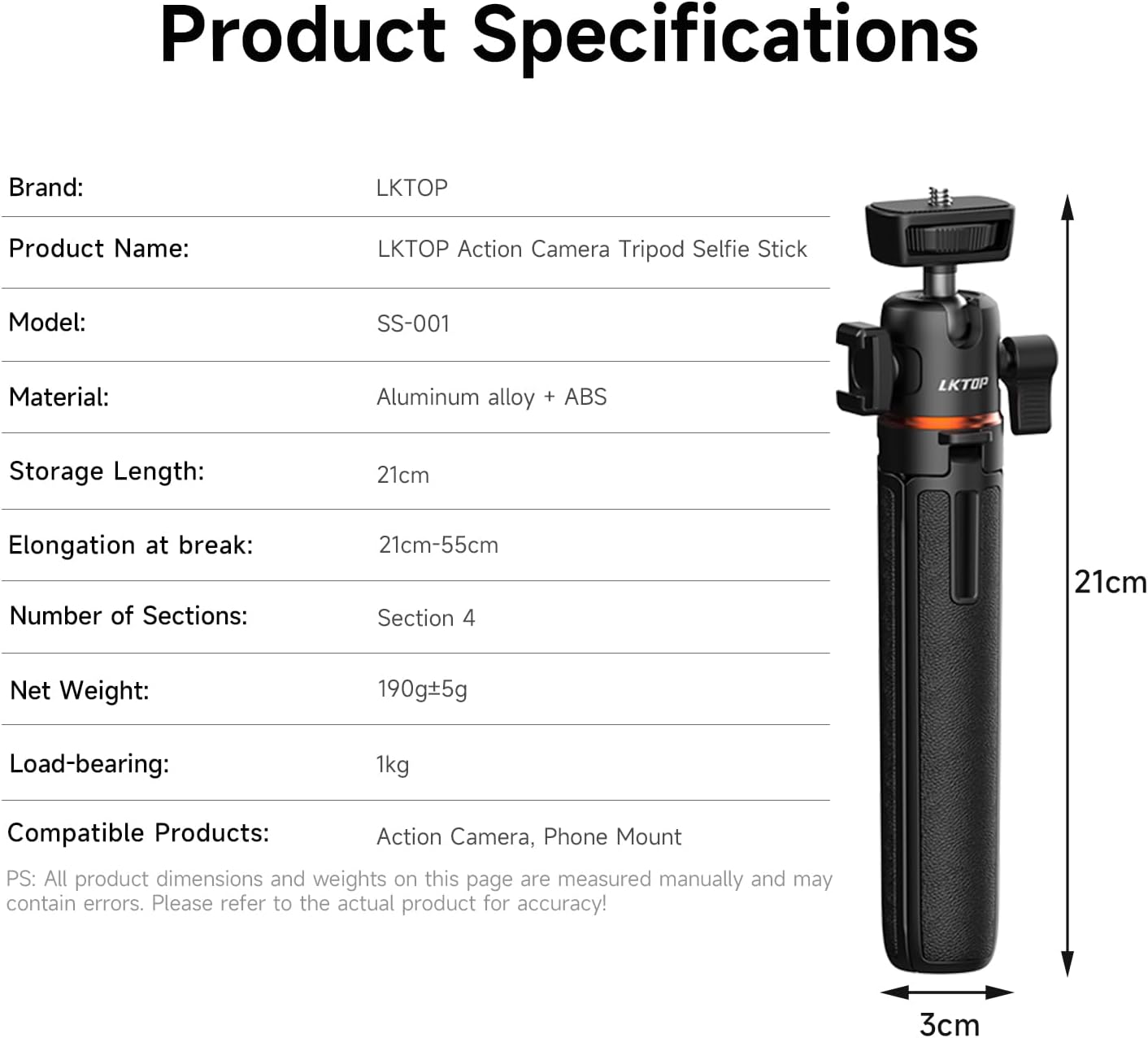 LKTOP Tripod Selfie Stick for DJI Osmo Pocket 3/Nano/360 & Action 5 Pro/6/4/3 & Insta 360 & Xtra Muse & GoPro Hero/Max