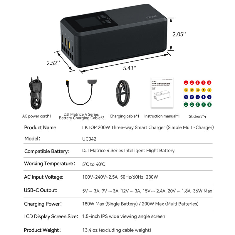 LKTOP 200W Smart Three-Way Charger for DJI Matrice 4T/4E
