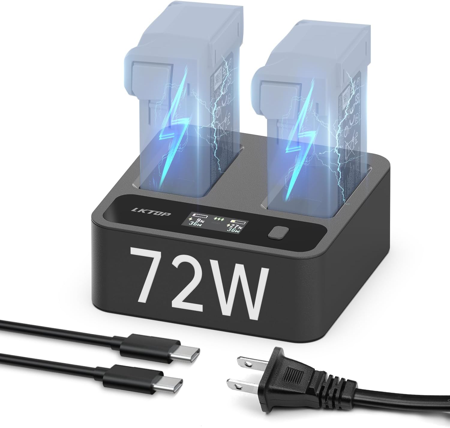 LKTOP 72W Mini 4 Pro/Mini 3 Series Two-Way Charging Hub, Battery Charger with Fast Charging/Discharging/Comfort Mode, LED Display Screen (3X Fast, Parallel Charge 2 Batteries: 30 min)