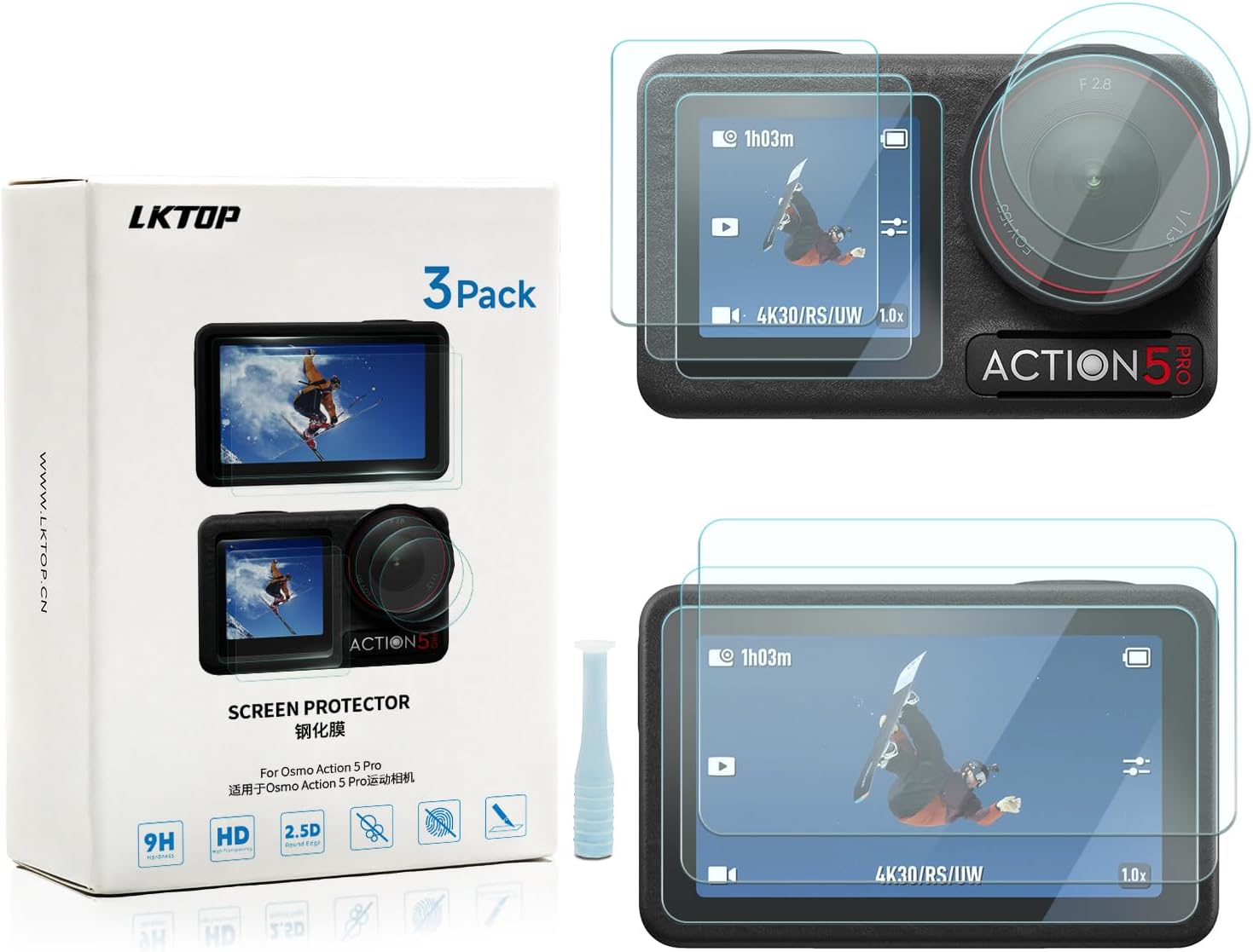 LKTOP 3 Pack DJI Osmo Action 5 Pro Screen Protector, Tempered Glass Front+Back+Lens Film LCD Display Cover for Action5 Pro Accessories, Ultra HD 9H Hardness, Anti Scratch Bubble, with Installation Kit